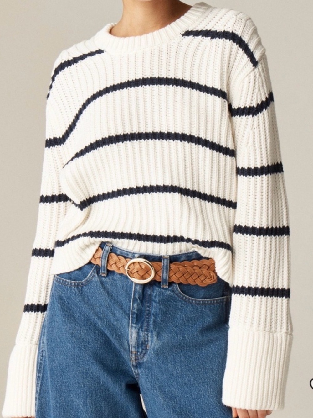 J crew Striped Chunky fisherman’s cotton Knit Sweater M